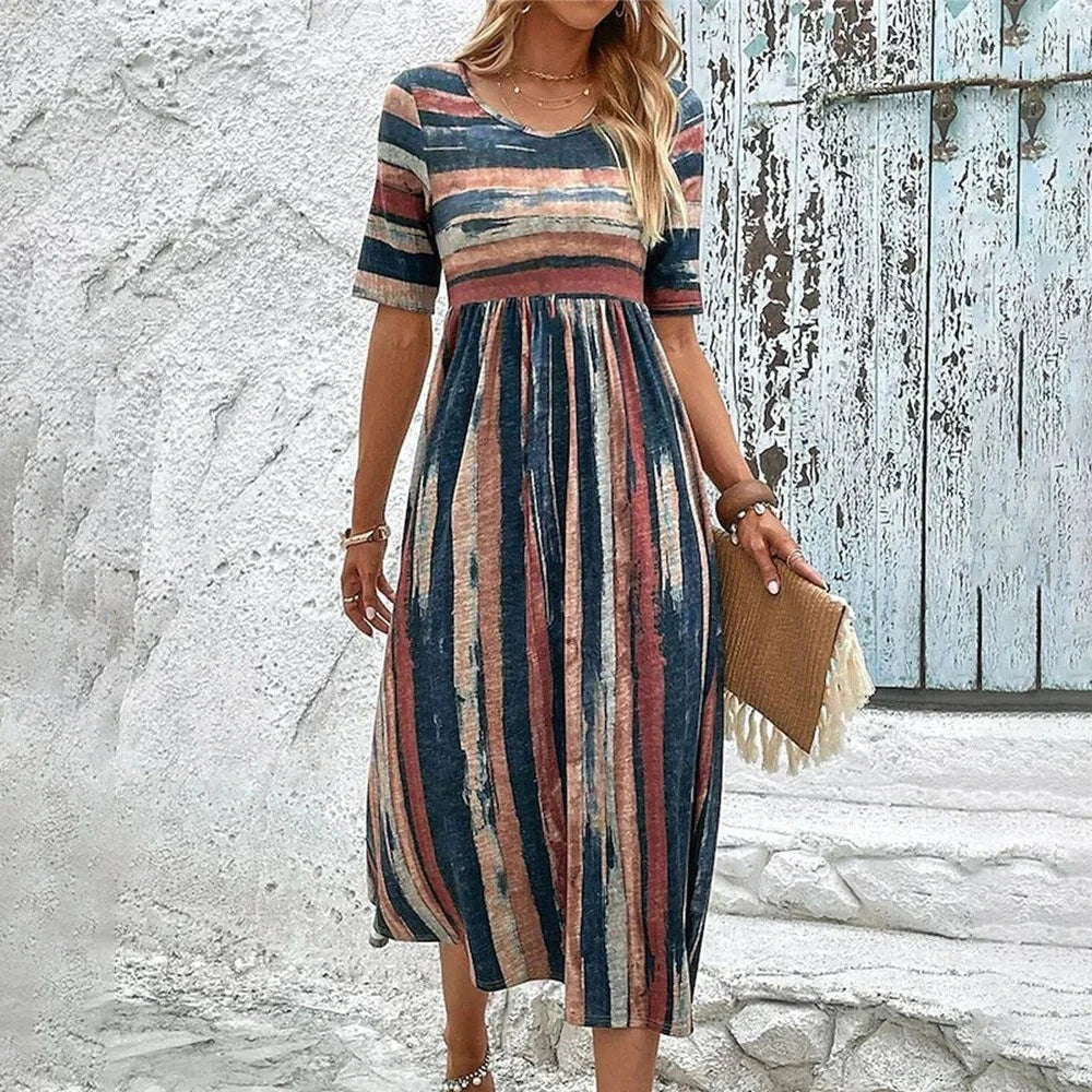 Comfy High Waist Maxi Dress with Short Sleeves - Nocini