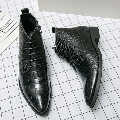Men's Black Alligator Print Leather Ankle Boots