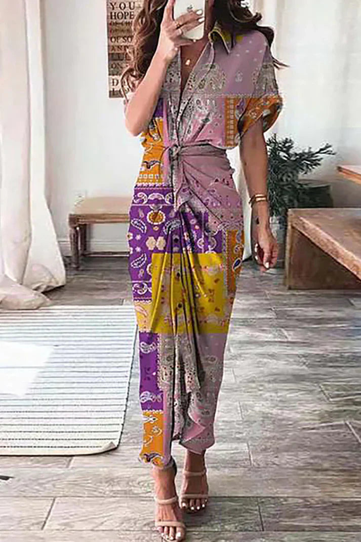 Casual Maxi Dress with Short Sleeves and Floral Print - Nocini