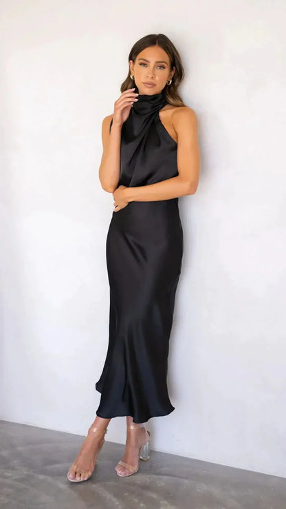 Ladies Luxury Satin One Shoulder Midi Dress