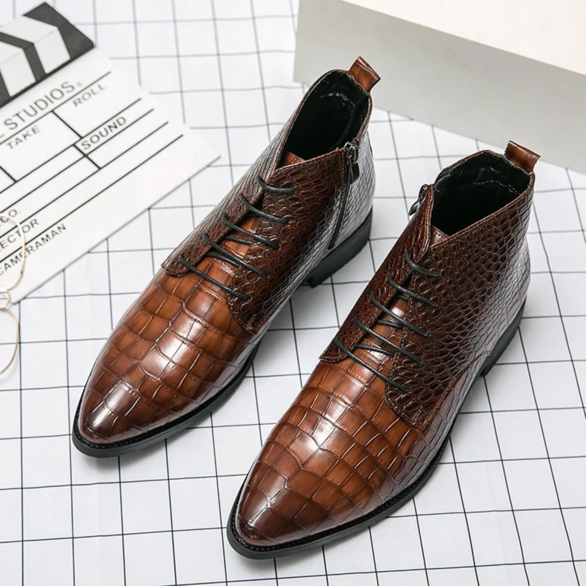 Men's Brown Leather Alligator Print Ankle Boots