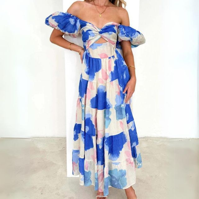Chic Floral Midi Dress with Puff Sleeves