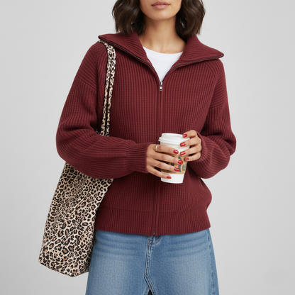 Women's Fit Cardigan Ribbed Zip Up Sweater