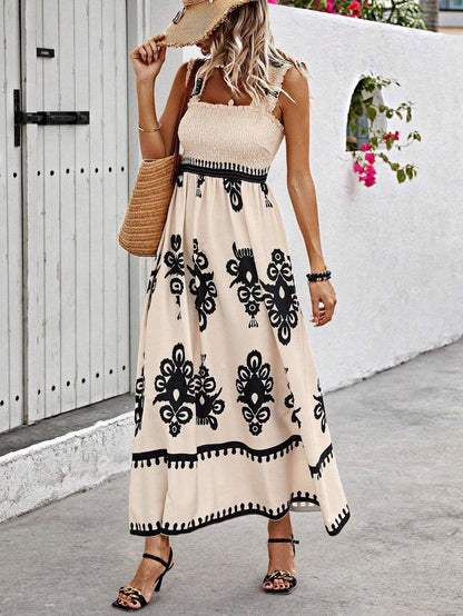 Women's Floral V Neck Maxi Dress with Elastic Waist and Bell Sleeves