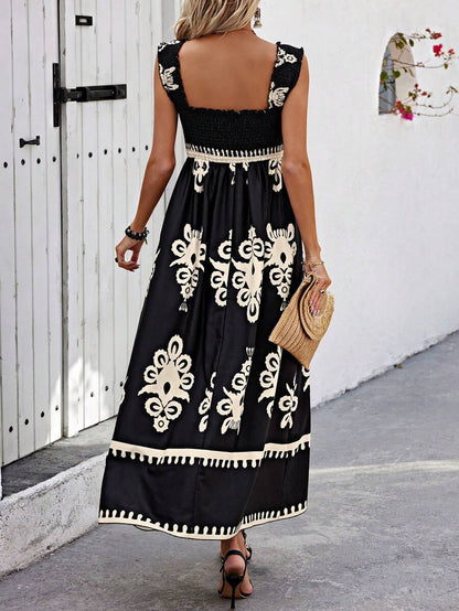 Women's Floral V Neck Maxi Dress with Elastic Waist and Bell Sleeves