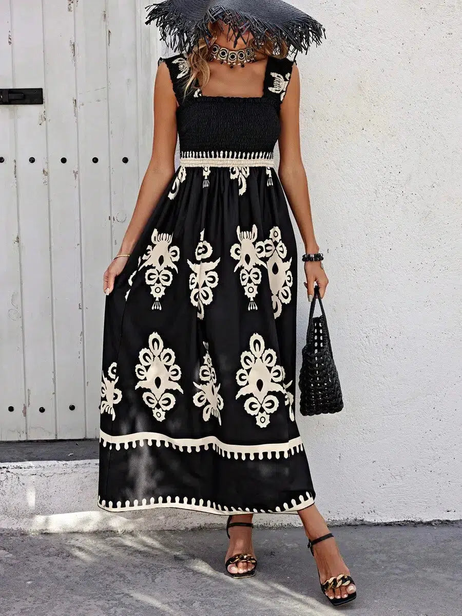 Women's Floral V Neck Maxi Dress with Elastic Waist and Bell Sleeves