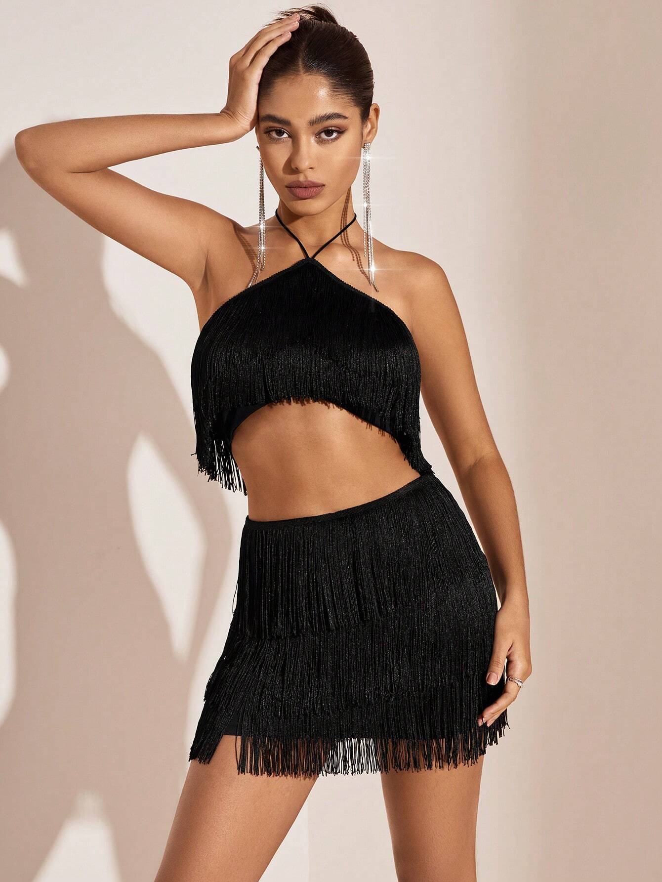 Fashionable Fringe Halter Top and Skirt Set - Nocini
