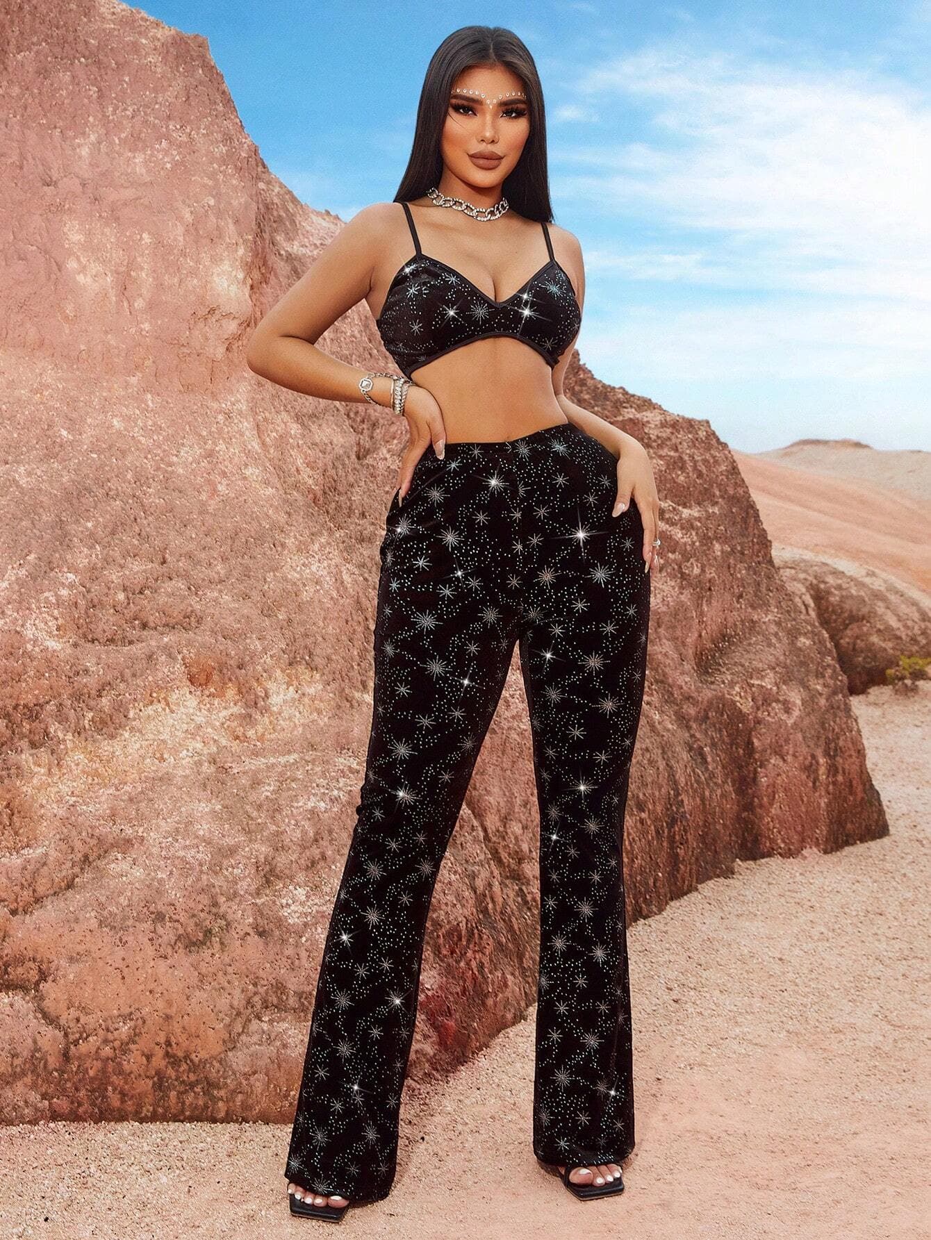 Ladies Star Print Crop Top and Flare Pants Set - Nocini