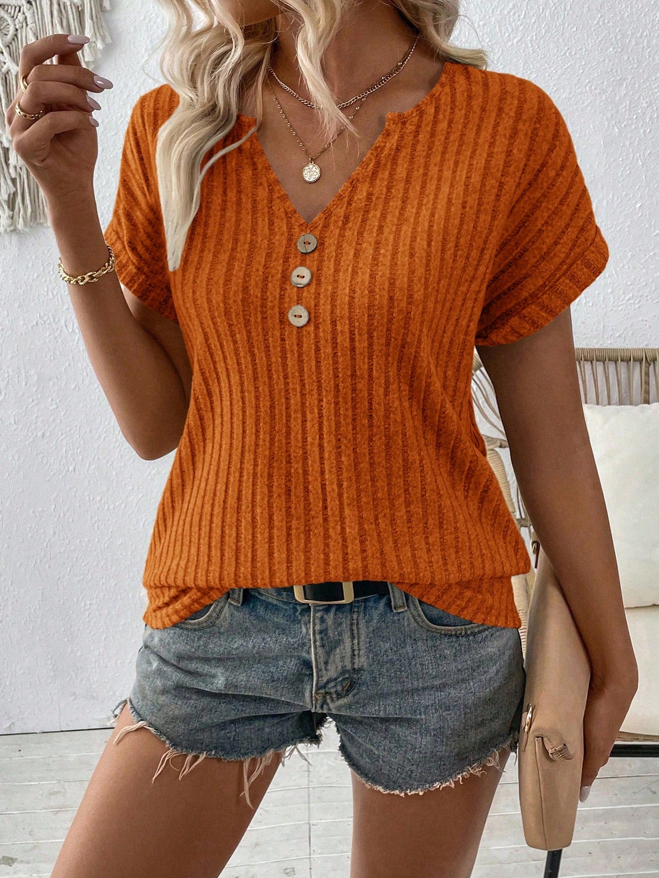 Textured Front Button Women's Blouse