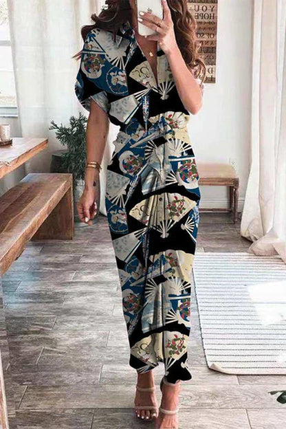 Casual Maxi Dress with Short Sleeves and Floral Print