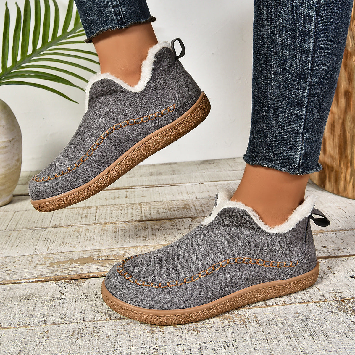 Cozy Faux Fur Ankle Boots with Grip Thick Outsole