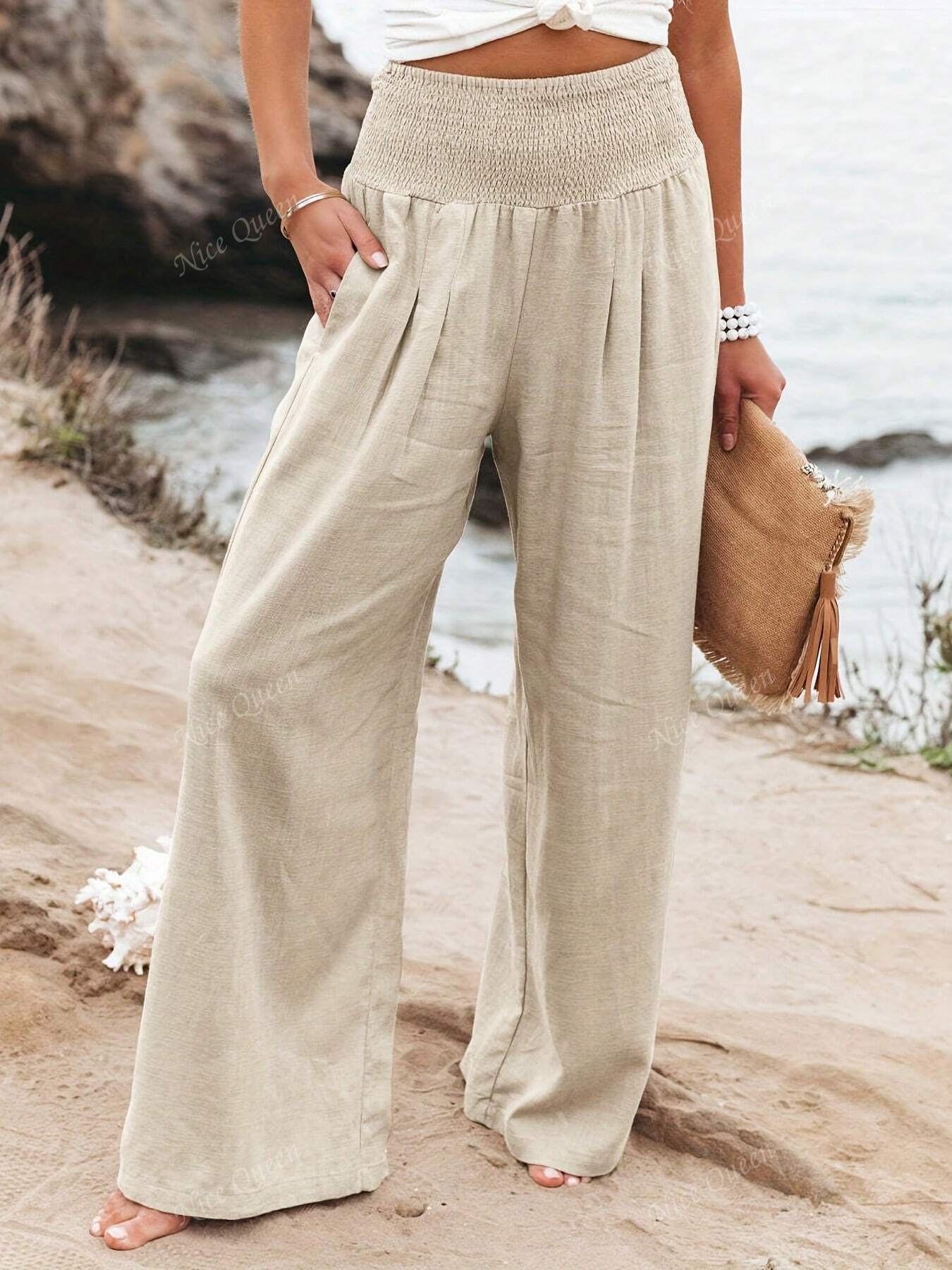 Relaxed Fit Linen Wide Leg Pants - Nocini