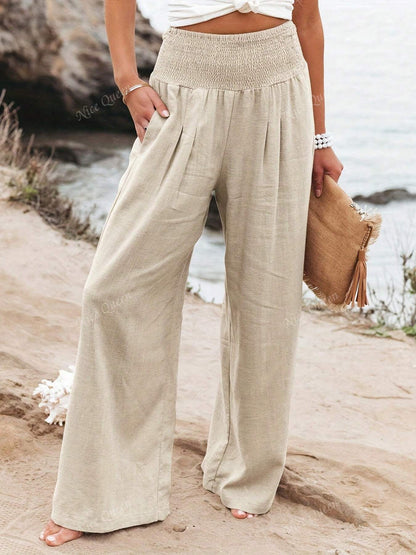 Relaxed Fit Linen Wide Leg Pants - Nocini