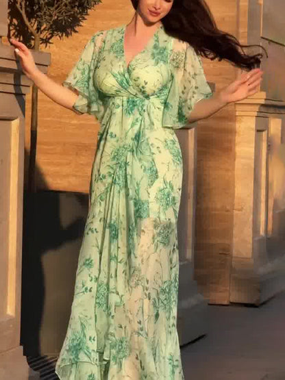 Vintage Chic V Neck Floral Dress