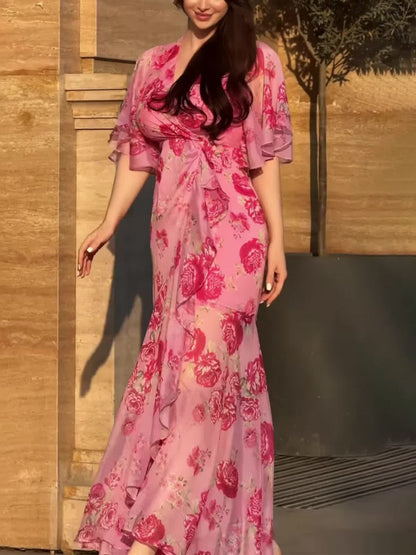 Vintage Chic V Neck Floral Dress