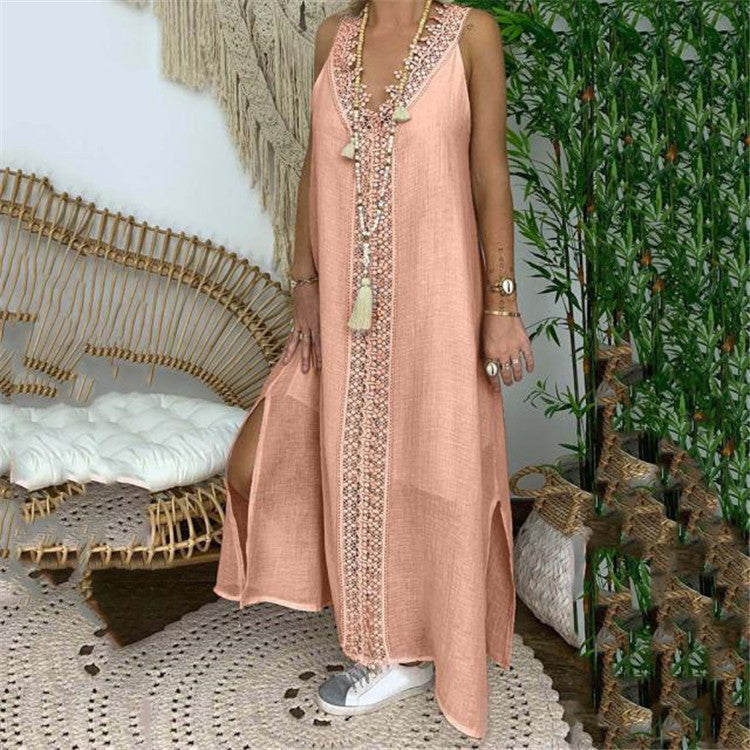 Flowy Long Sleeve Maxi Dress with Lace Trim - Nocini