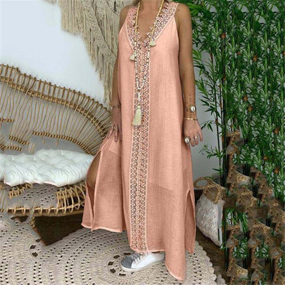 Flowy Long Sleeve Maxi Dress with Lace Trim - Nocini
