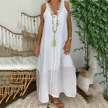 Flowy Long Sleeve Maxi Dress with Lace Trim