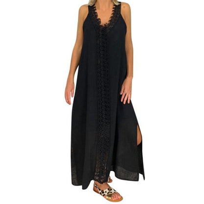 Flowy Long Sleeve Maxi Dress with Lace Trim