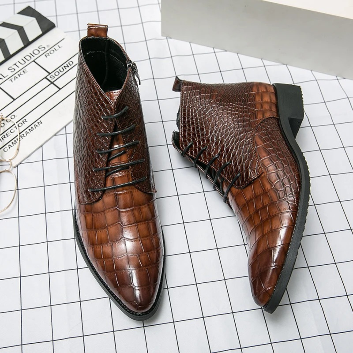 Men's Brown Leather Alligator Print Ankle Boots