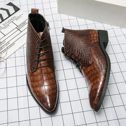Men's Brown Leather Alligator Print Ankle Boots
