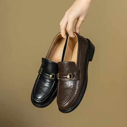 Men's Genuine Leather Slip On Loafers with Silver Buckle