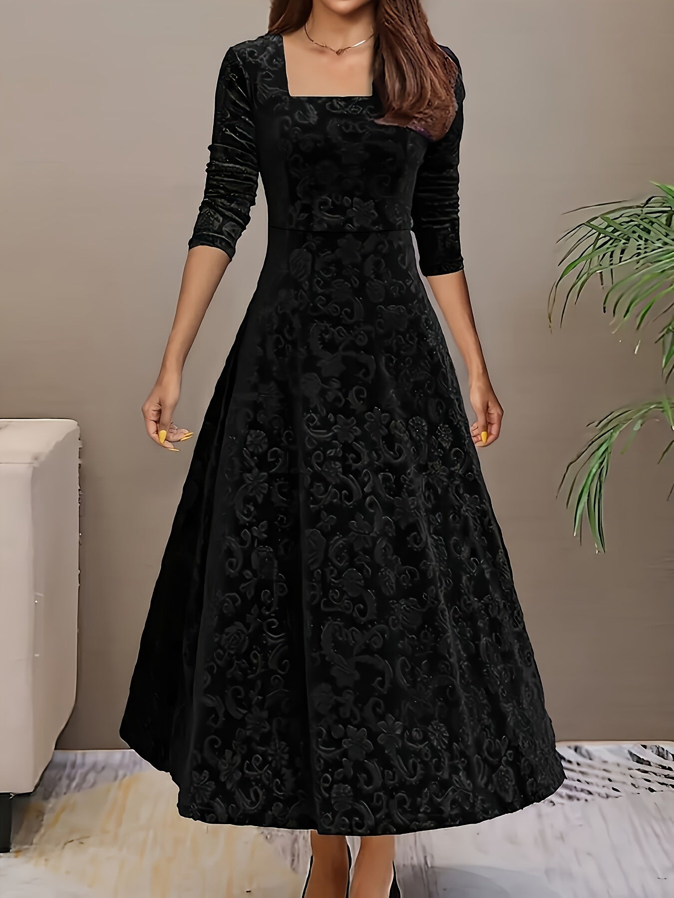 Ladies Elegant Embroidered Velvet Long Dress