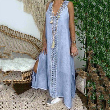 Flowy Long Sleeve Maxi Dress with Lace Trim