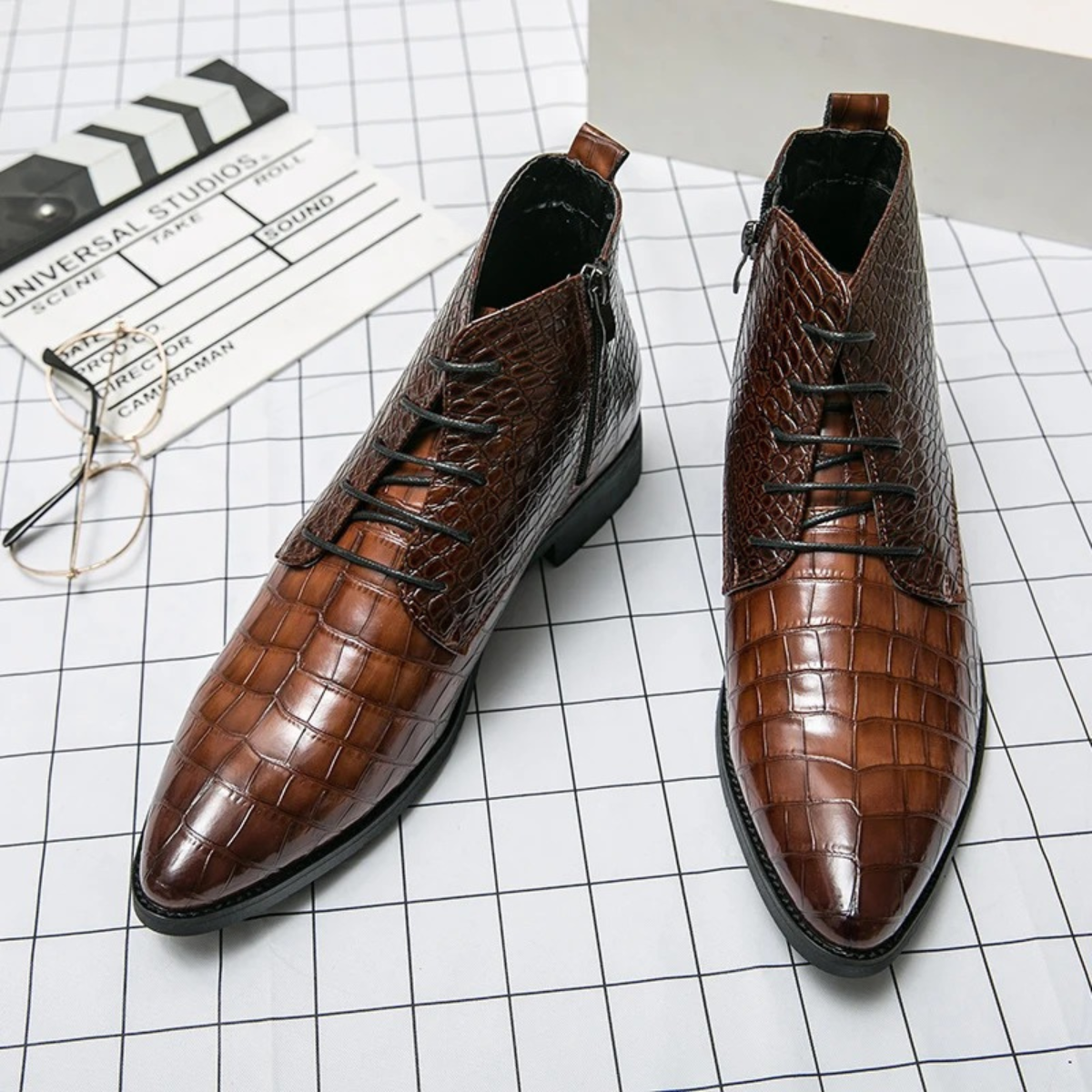 Men's Brown Leather Alligator Print Ankle Boots
