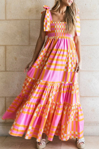Flowy Long Dress with Adjustable Straps and Plaid Print