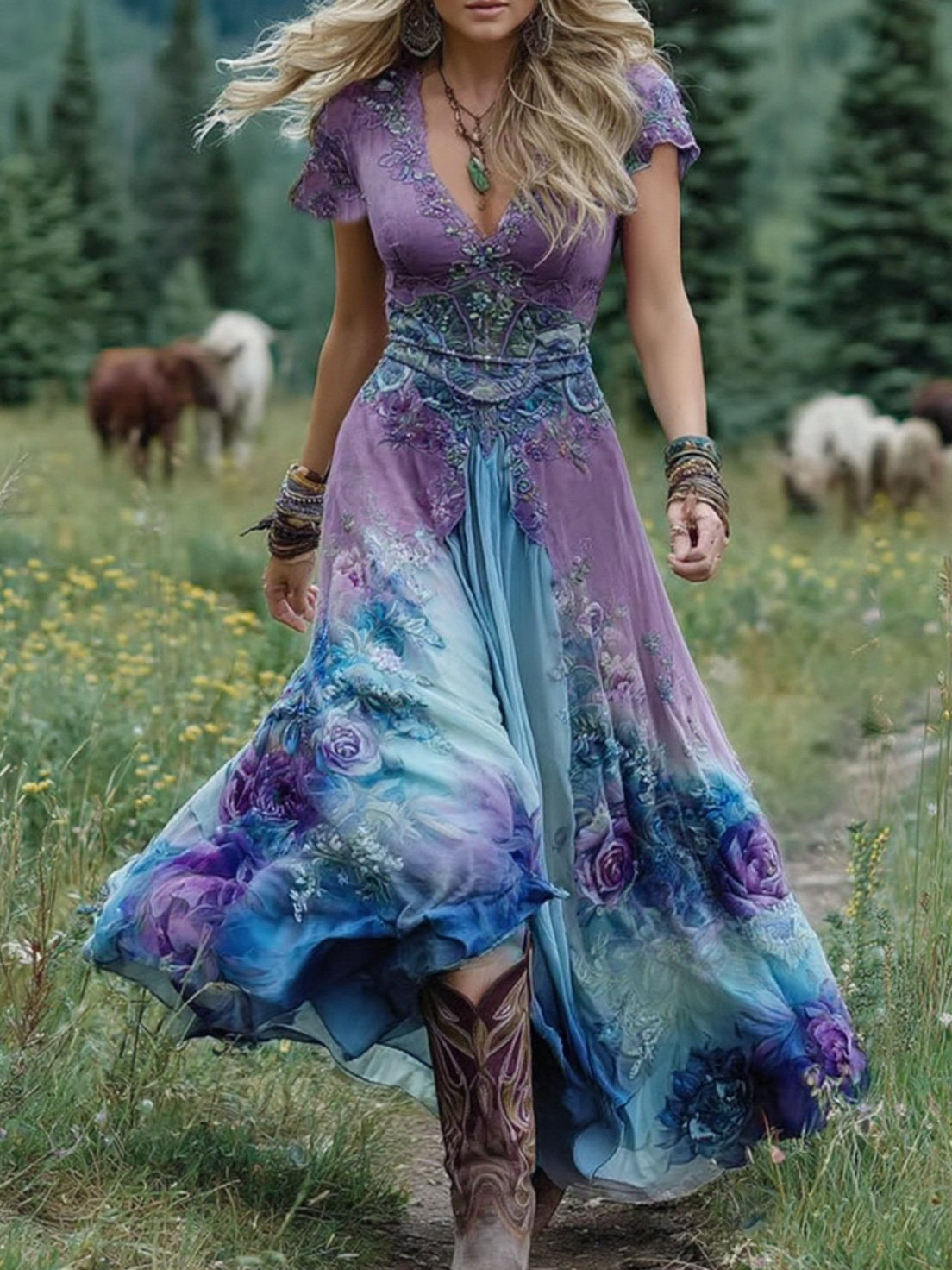 Colorful Floral Long Evening Dress - Olytrend