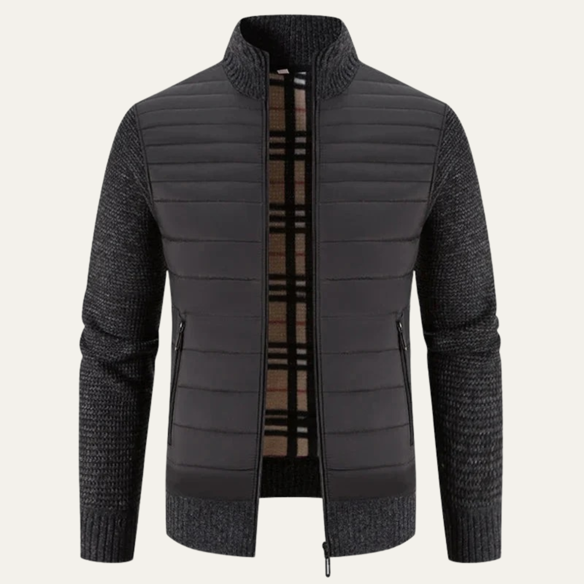 Warm Men's Quilted Bomber Jacket with Fleece Sleeves