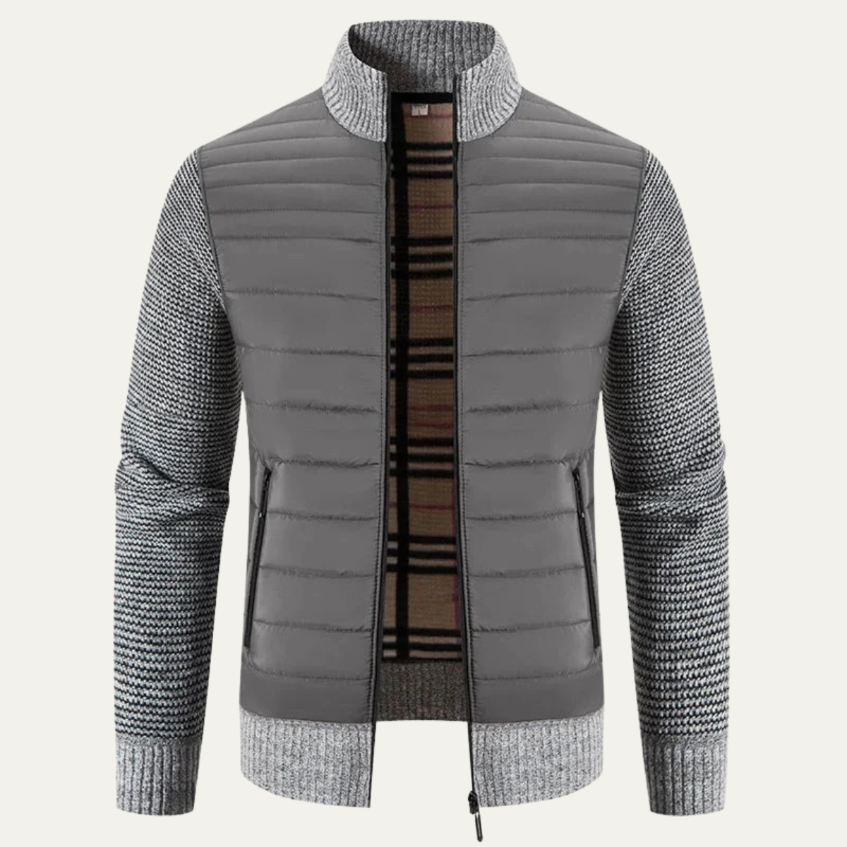 Warm Men's Quilted Bomber Jacket with Fleece Sleeves - Nocini
