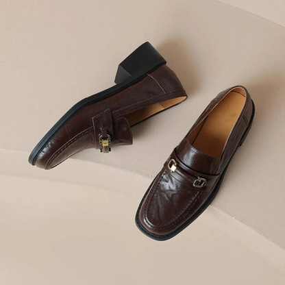 Men's Genuine Leather Slip On Loafers with Silver Buckle