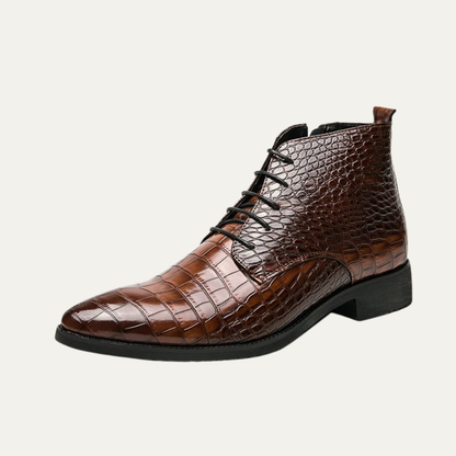 Men's Brown Leather Alligator Print Ankle Boots - Nocini
