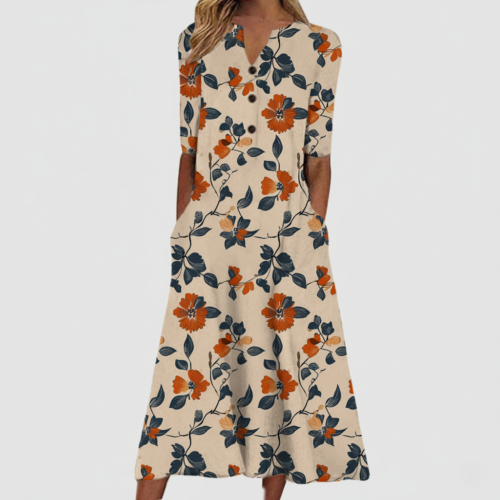 Ladies Casual Floral Midi Dress Half Sleeve Button Front