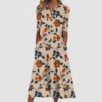 Ladies Casual Floral Midi Dress Half Sleeve Button Front