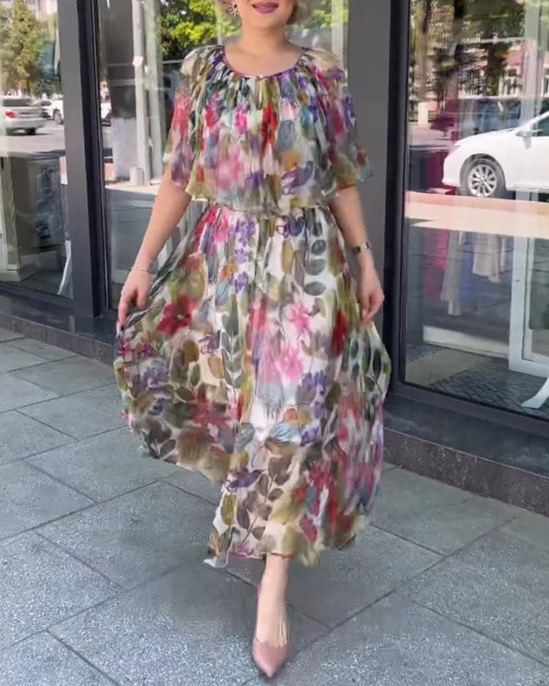 Lovely Floral Maxi Dress with Short Sleeves - Nocini