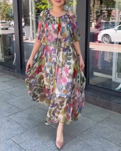 Lovely Floral Maxi Dress with Short Sleeves - Nocini
