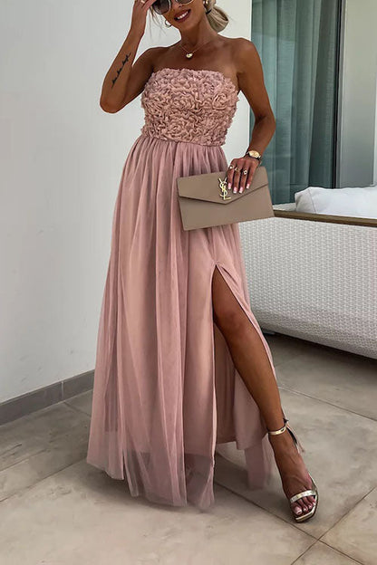 Flowy Strapless Maxi Dress with High Slit and Ruffled Top