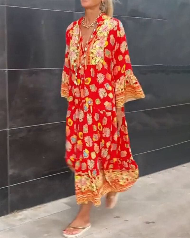 Flowy V Neck Floral Maxi Dress for Women - Nocini