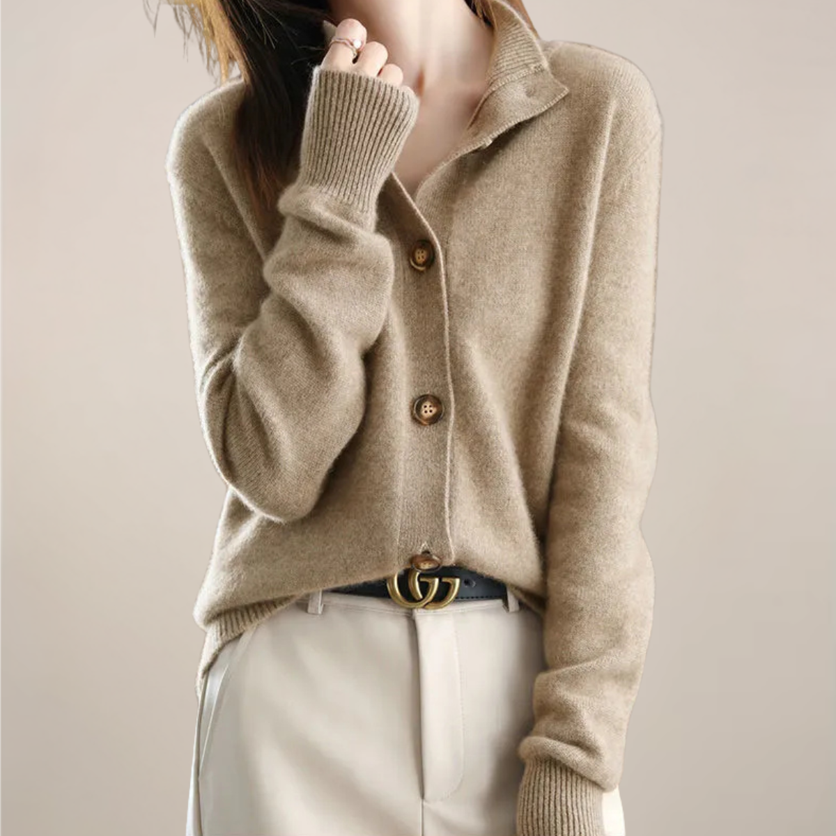 Soft Beige Open-Front Cardigan Sweater for Women - Nocini