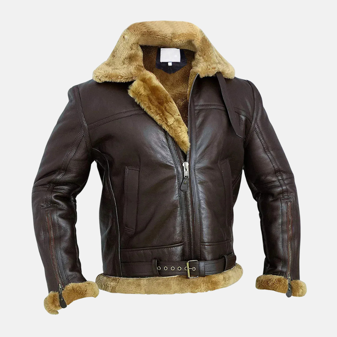 Men's Leather Look Bomber Jacket with Faux Fur Lining - Nocini