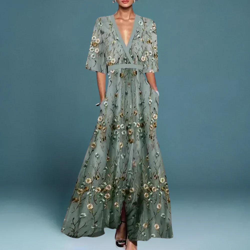 Elegant Floral Long Sleeve Maxi Dress with Pockets - Nocini