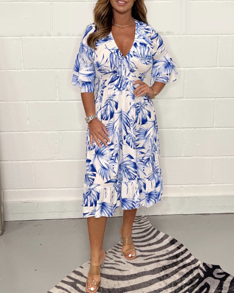 Casual V-Neck Short Sleeve Floral Midi Dress - Nocini