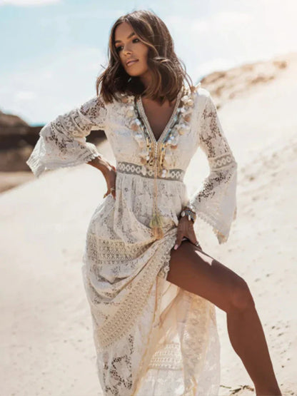 Chic Flowy Dress with Lace and Bell Sleeves