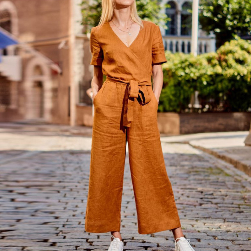 Women's V-Neck Short Sleeve Jumpsuit with Tie Waist - Nocini
