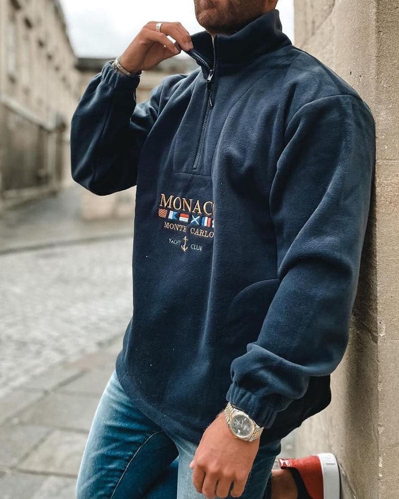 Cozy Mens Fleece Sweatshirt with Navy Embroidery - Nocini
