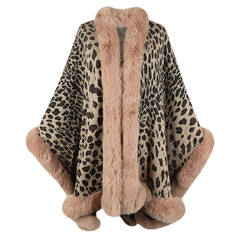 Luxurious Leopard Fur Trimmed Cape Coat