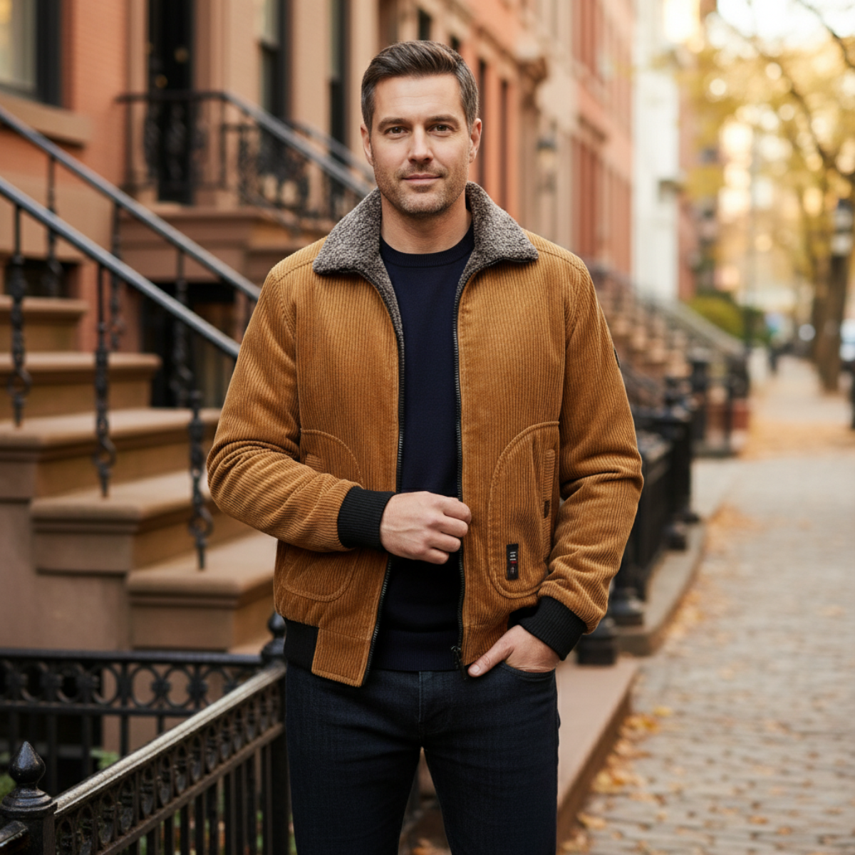 Warm Men's Quilted Fleece Jacket with Fur Trim Coat